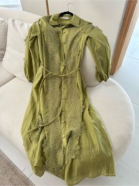 Olive Green Lace Trim Button-Front Maxi Dress